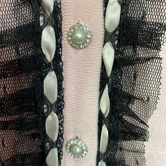 BEREK by Takahe Sakor Pink Knit Cardigan Black Lace Rhinestone Pearl Buttons - Picture 3 of 10